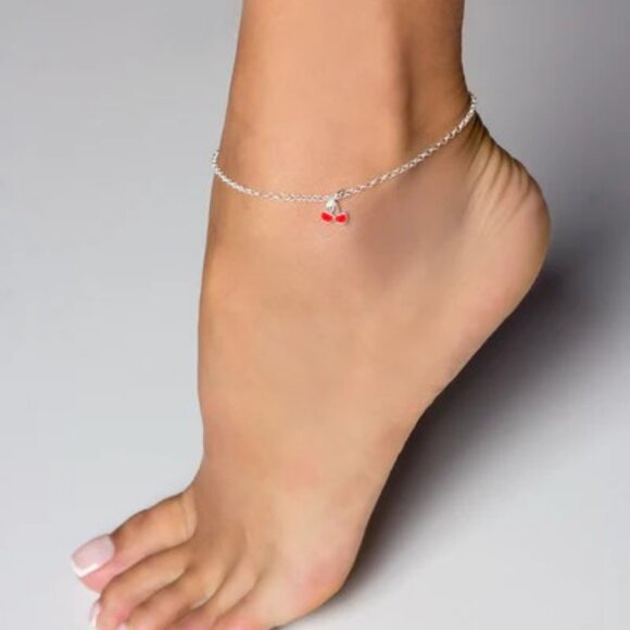 DELIGHTFUL STERLING SILVER ROLO CHAIN ANKLET CUTE ENAMEL CHERRY CHARM ADORNMENT - Picture 2 of 3